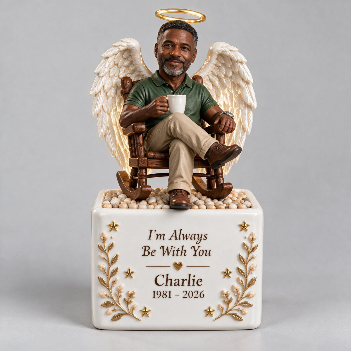 Personalized Memorial Middle-Aged Black Man LED Light Ceramic Pot Keepsake