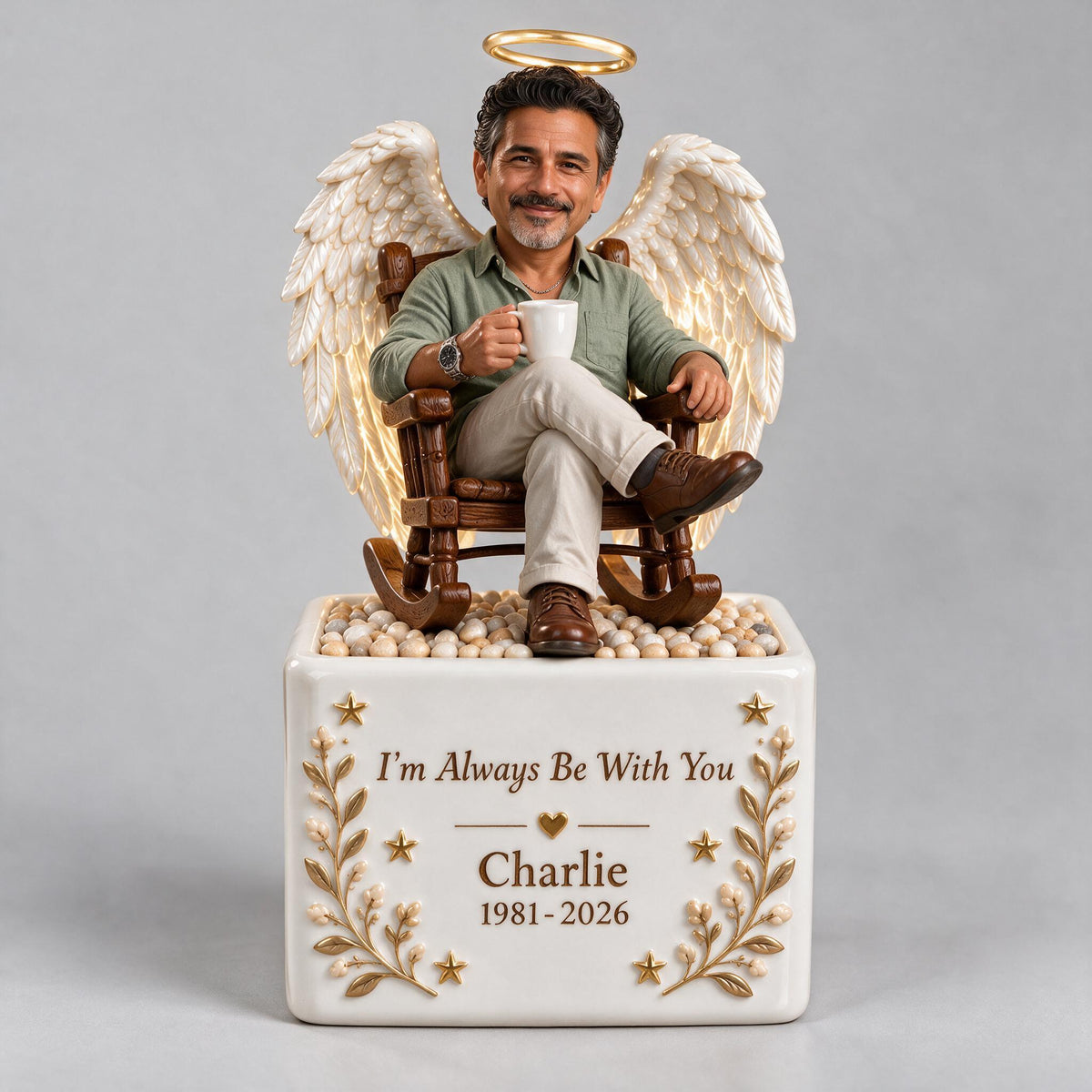 Personalized Memorial Middle-Aged Latino Man LED Light Ceramic Pot, Dad Husband Remembrance Keepsake