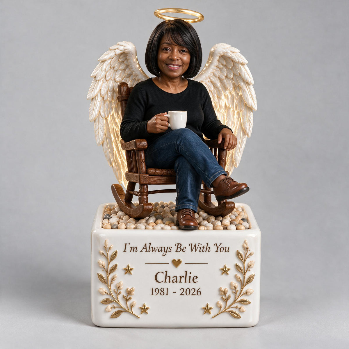 Personalized Middle-Aged Black Woman Memorial LED Light Ceramic Pot Keepsake