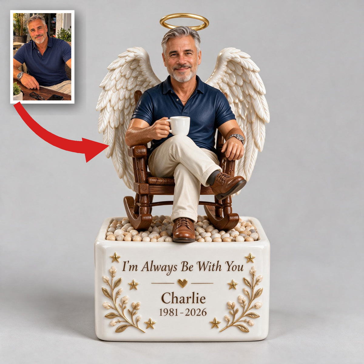 Personalized Middle-Aged Man Memorial LED Light Ceramic Pot, Dad Husband Remembrance Keepsake