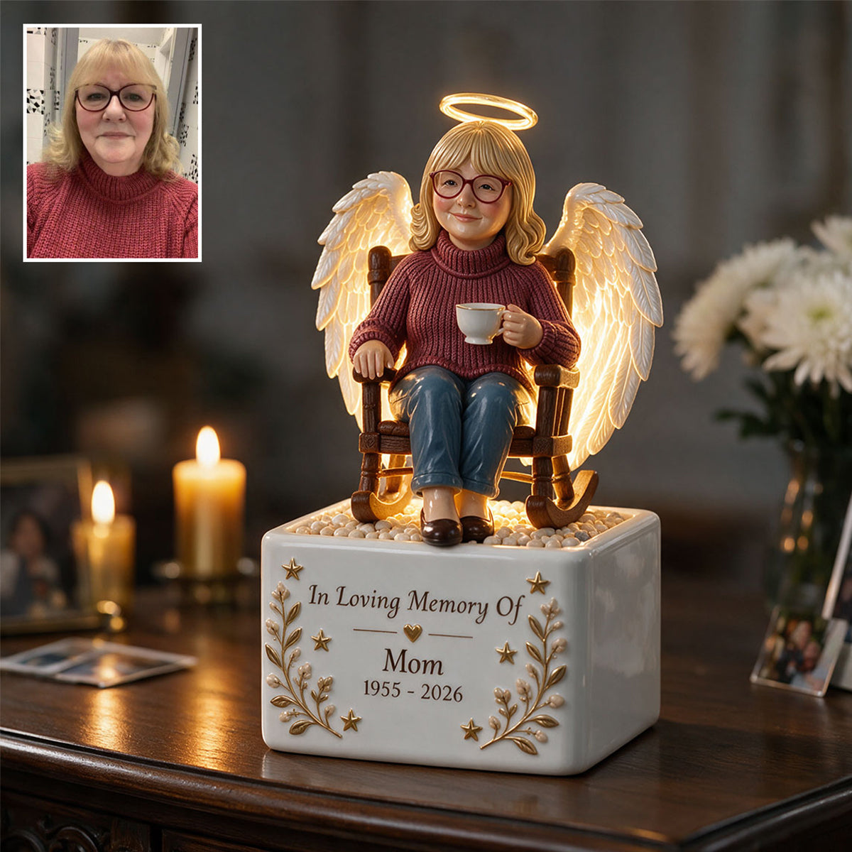 Personalized Older Latina Woman Grandma Memorial LED Light Ceramic Pot