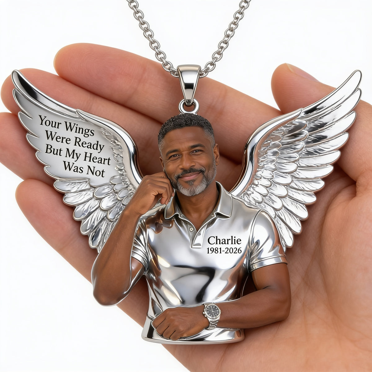 Personalized Memorial Middle-Aged Black Man Pendant Necklace, Dad Husband Remembrance Gift