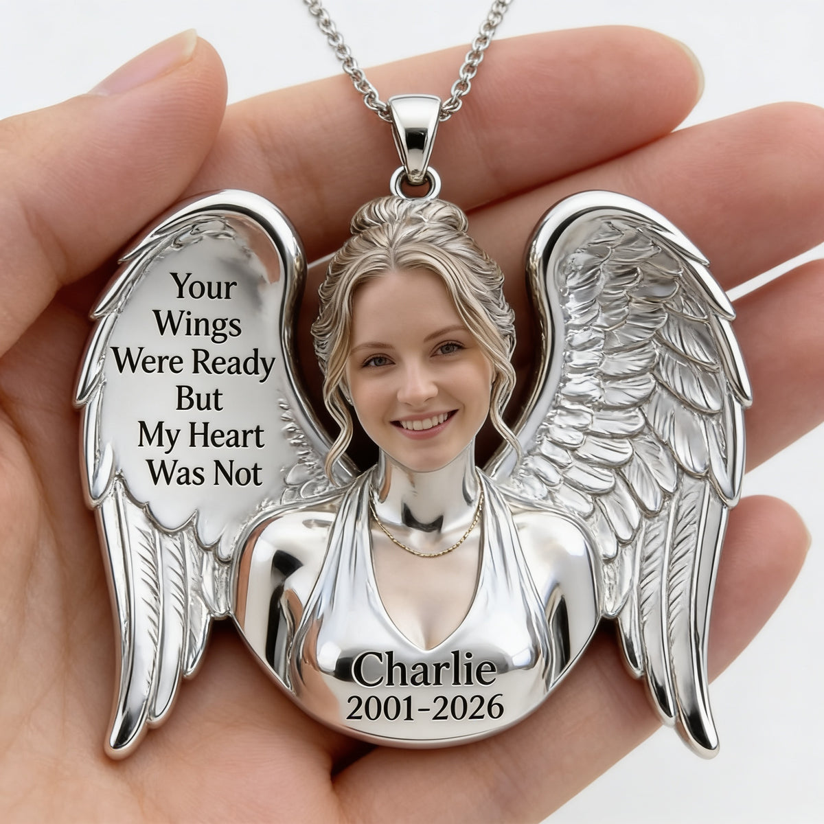 Personalized Memorial Winged Woman Metal Pendant Necklace Keepsake
