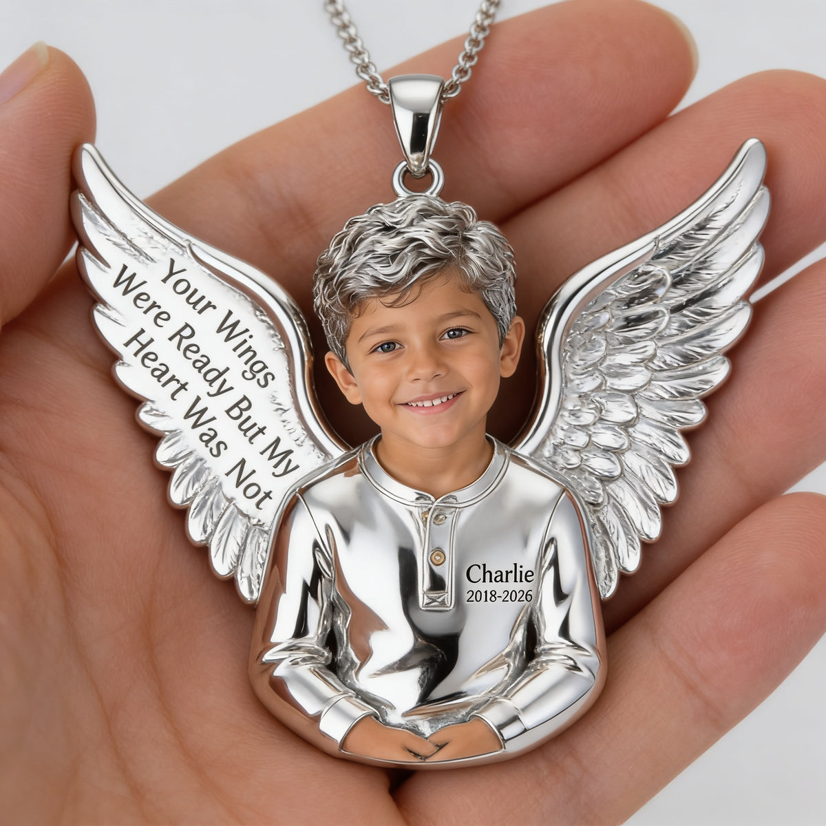 Personalized Latino Little Boy Memorial Winged Pendant Necklace
