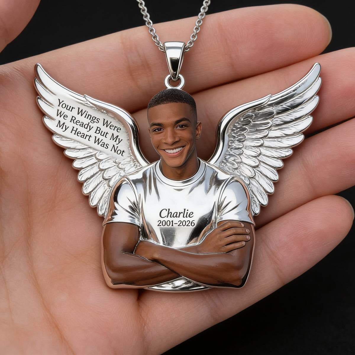 Personalized Memorial Black Man Angel Wing Pendant Necklace Remembrance Keepsake