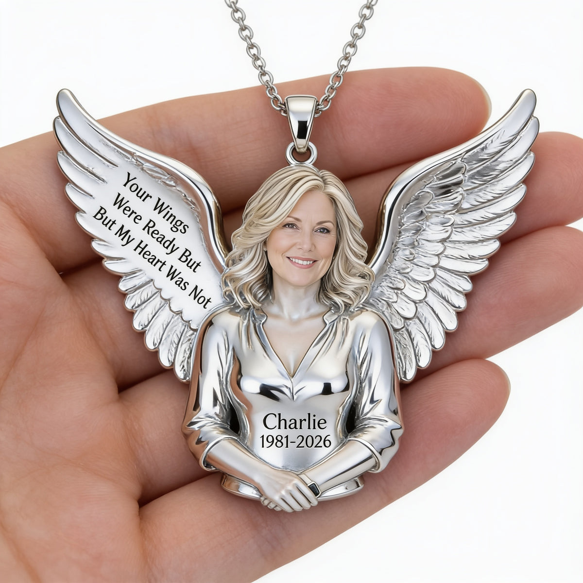 Personalized Middle-Aged Woman Memorial Winged Pendant Necklace, Mom Wife Sympathy Keepsake