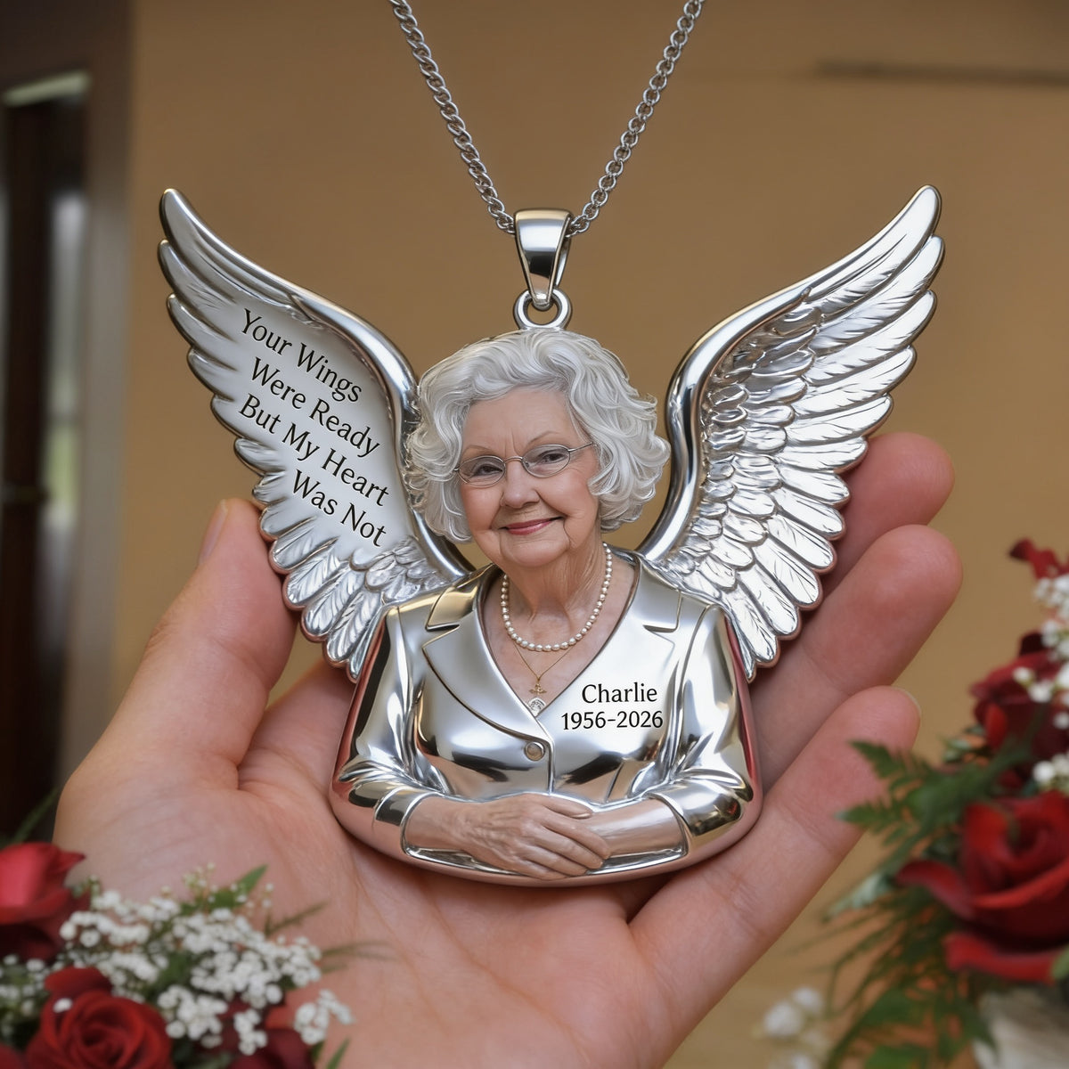 Personalized Older Woman Grandma Memorial Metal Pendant Necklace