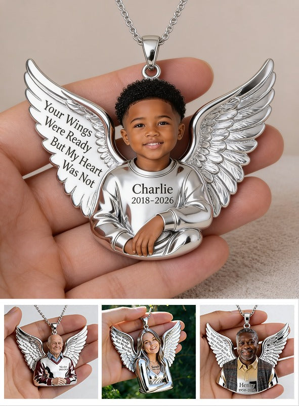 Personalized Black Little Boy Memorial Winged Metal Pendant Necklace Sympathy Gift