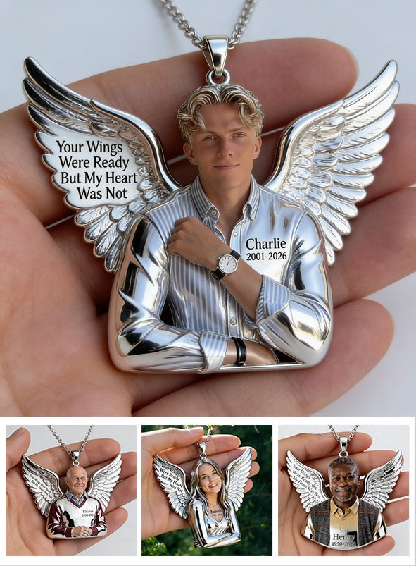 Personalized Memorial Man Angel Wing Metal Pendant Necklace