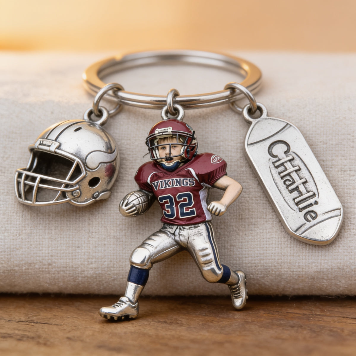 Personalized Youth American Football Player Keychain with Charms