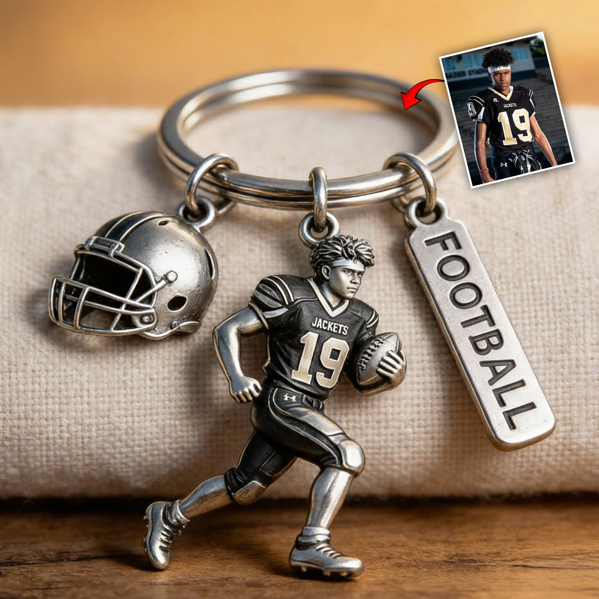 Personalized Adult Latino American Football Player Keychain With Charms