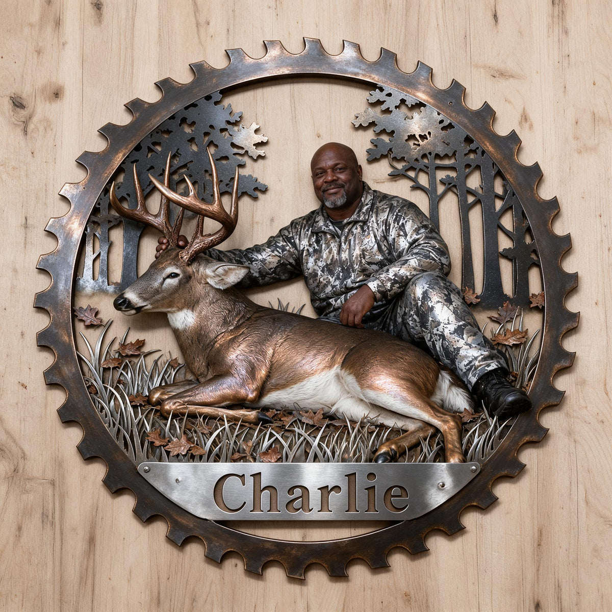 Personalized Middle-Aged Black Hunter with Deer 3D Cut Metal Sign Hunting Wall Decor