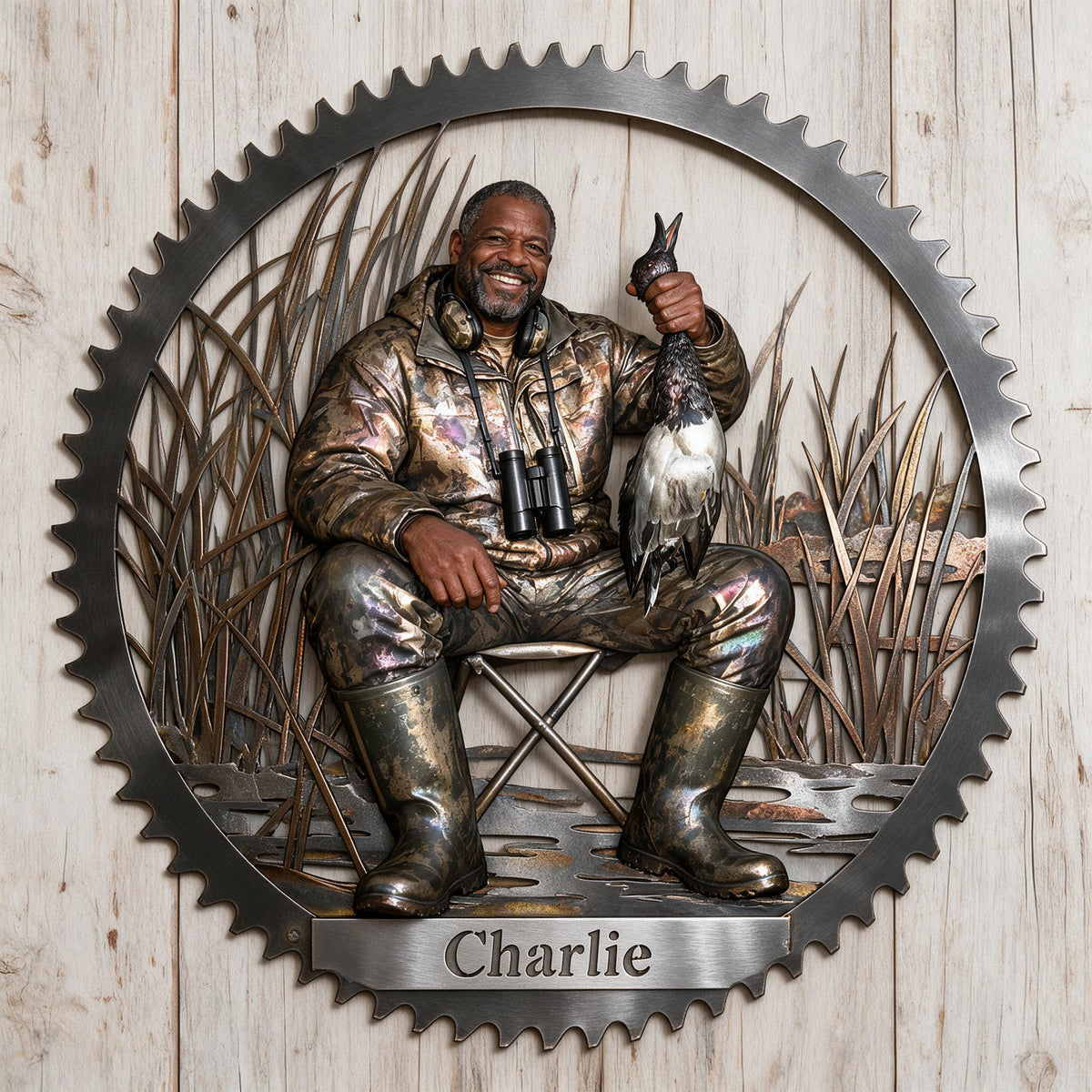 Personalized Middle-Aged Black Duck Hunter 3D Cut Metal Sign Hunting Wall Decor