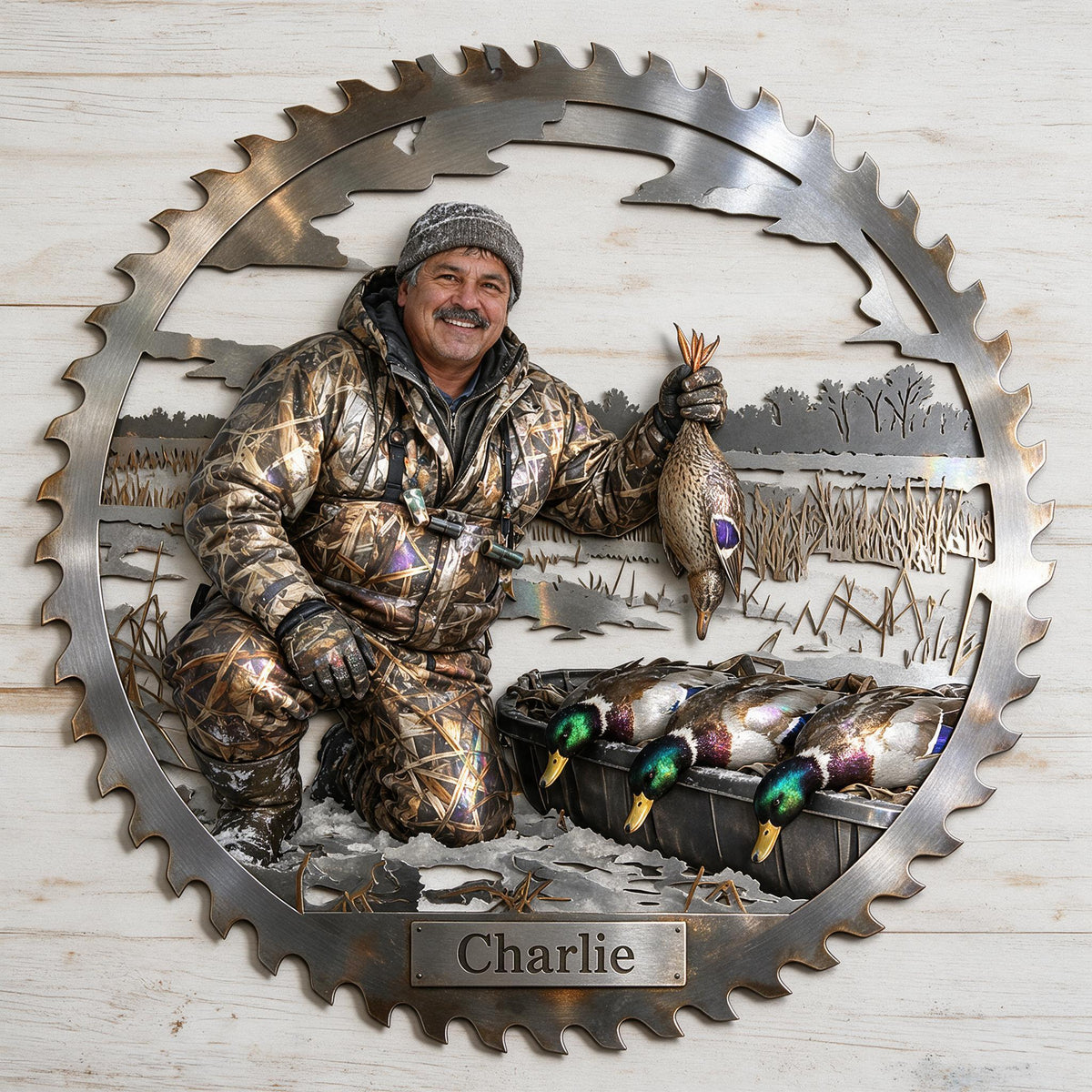 Personalized Middle-Aged Latino Duck Hunter 3D Cut Metal Sign Hunting Wall Decor