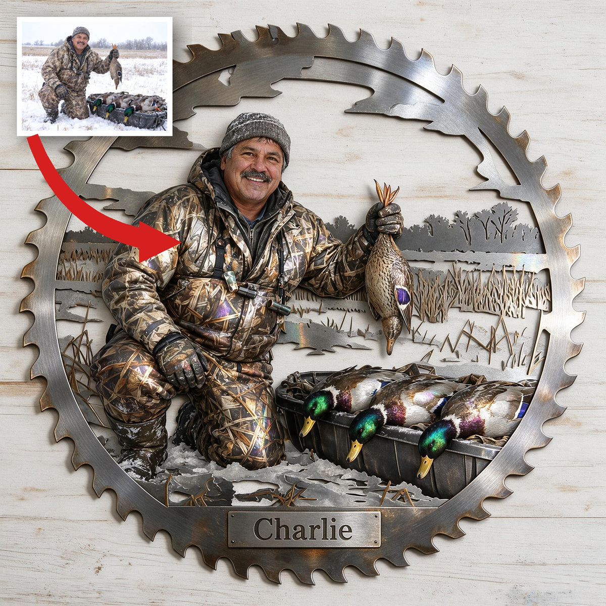 Personalized Middle-Aged Latino Duck Hunter 3D Cut Metal Sign Hunting Wall Decor