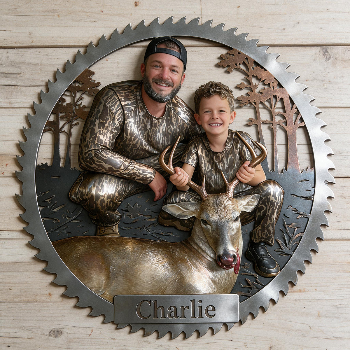 Personalized Hunter and Child with Deer 3D Cut Metal Sign Hunting Wall Decor