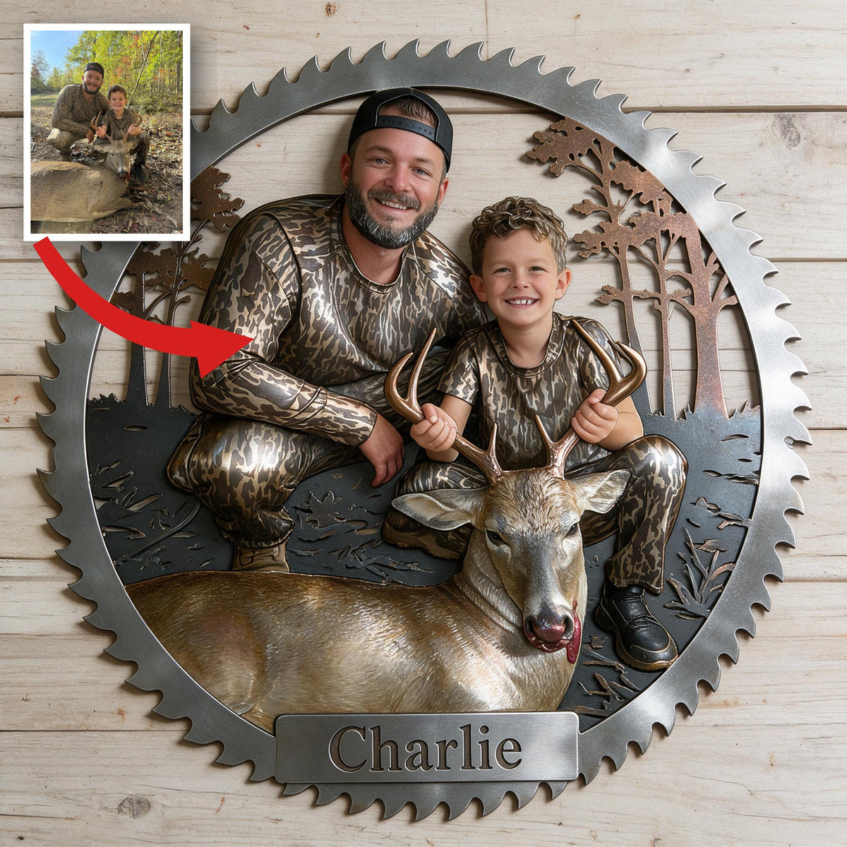 Personalized Hunter and Child with Deer 3D Cut Metal Sign Hunting Wall Decor