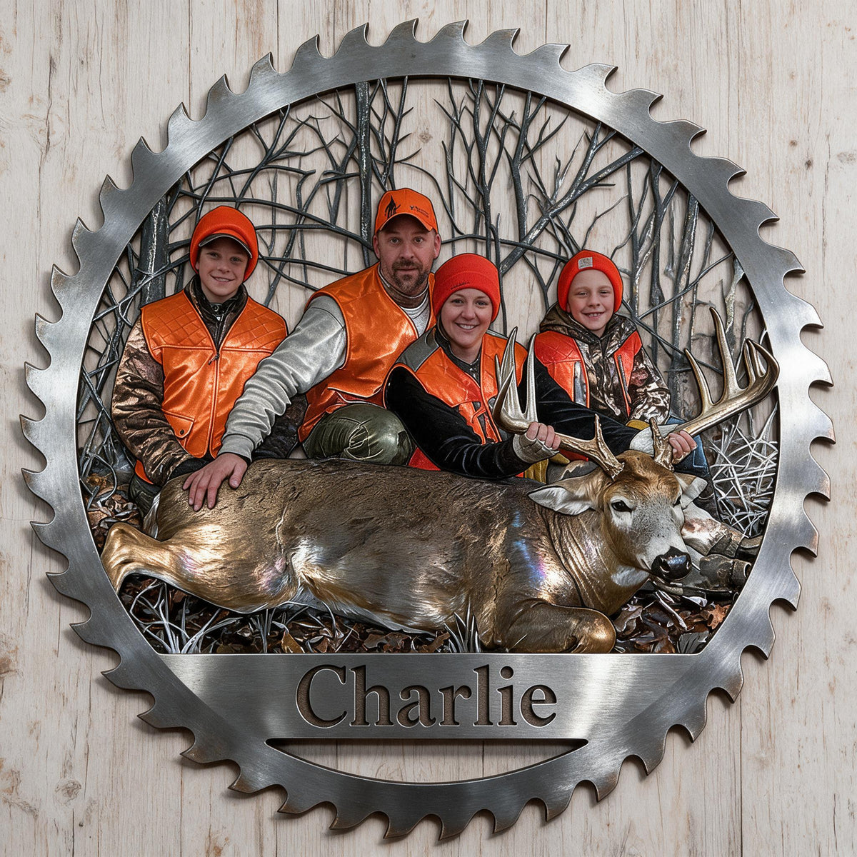 Personalized Hunting Family with Deer 3D Cut Metal Sign Wall Decor