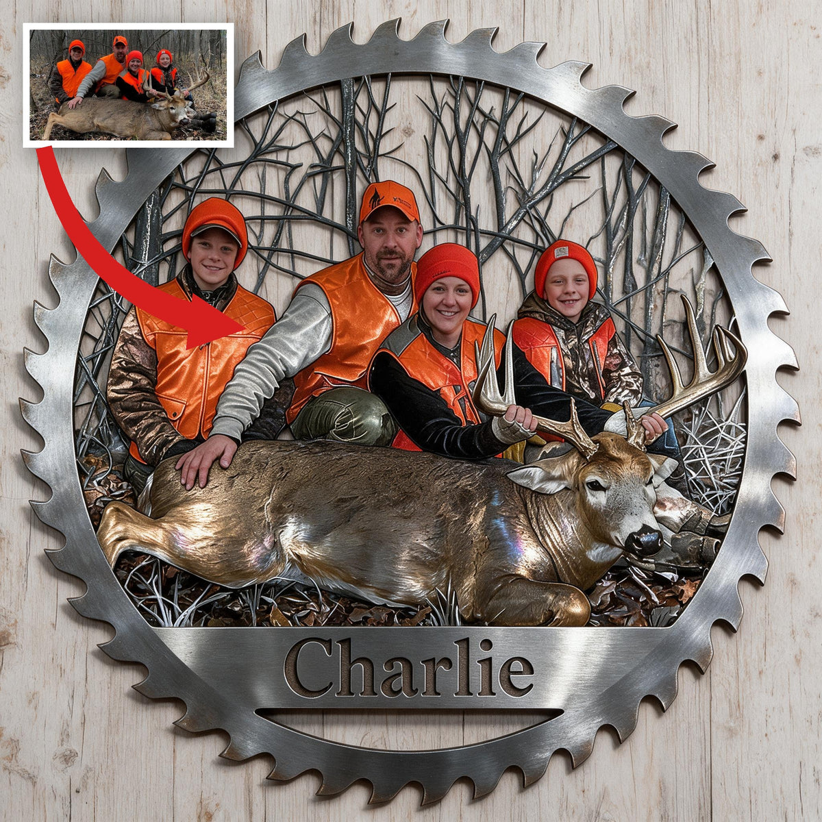 Personalized Hunting Family with Deer 3D Cut Metal Sign Wall Decor