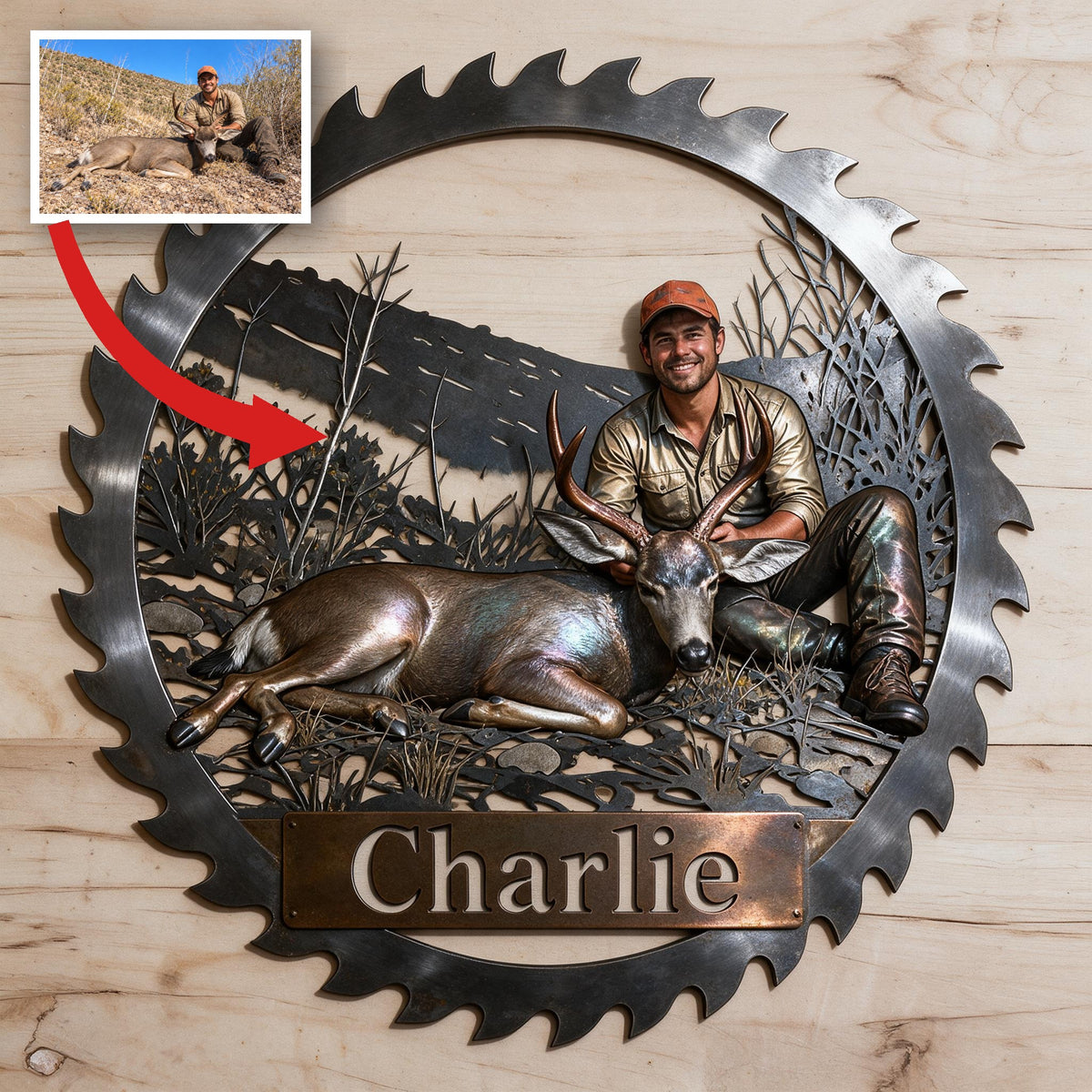 Personalized Latino Hunter with Deer 3D Cut Metal Sign Hunting Wall Decor