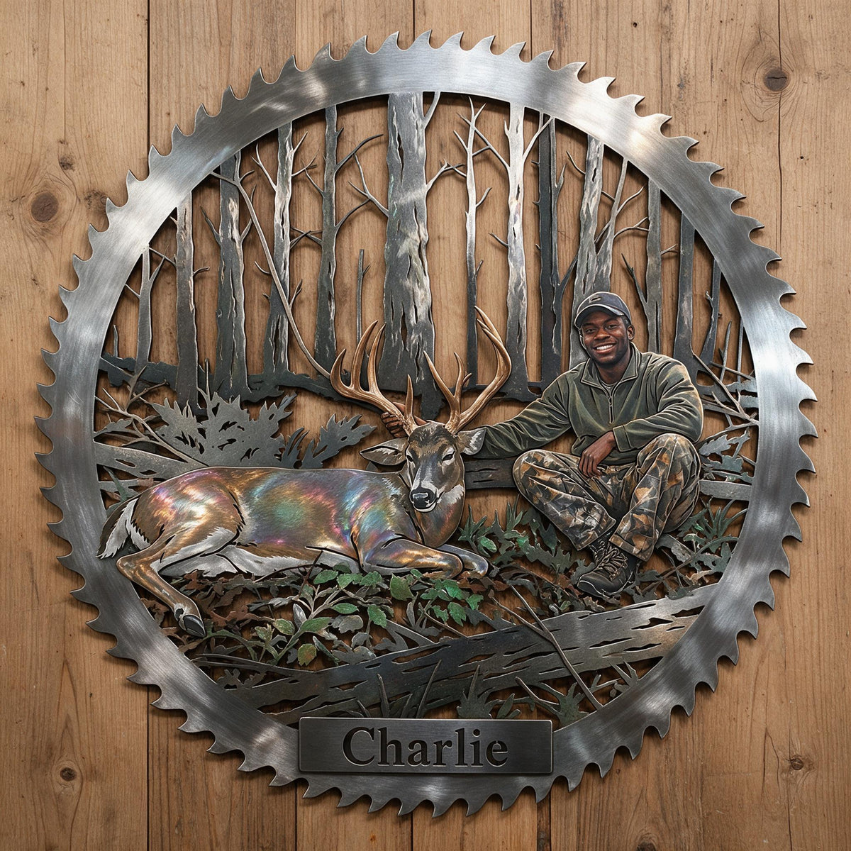 Personalized Black Hunter with Deer 3D Cut Metal Sign Hunting Wall Decor
