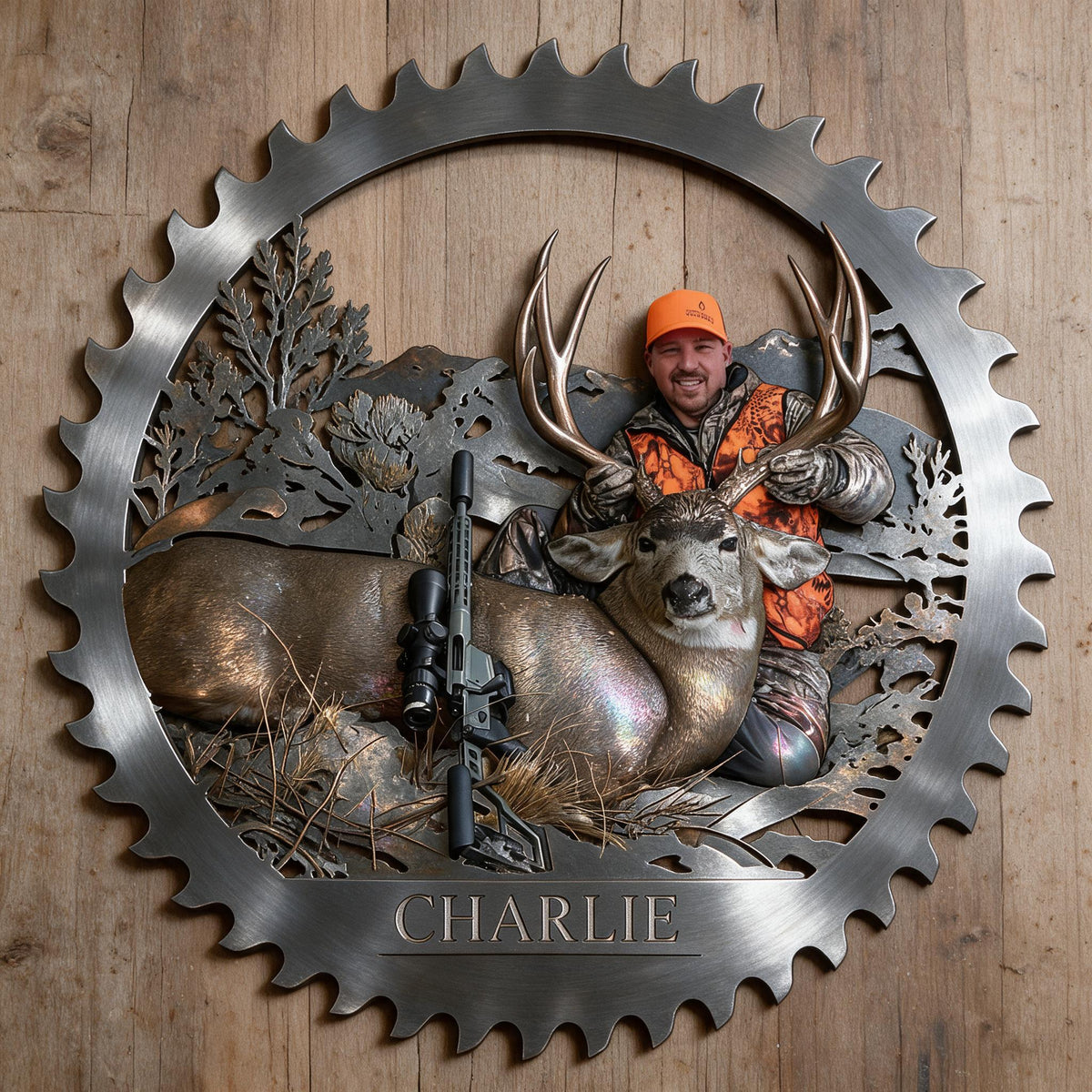Personalized Middle-Aged Hunter with Deer 3D Cut Metal Sign Hunting Wall Decor