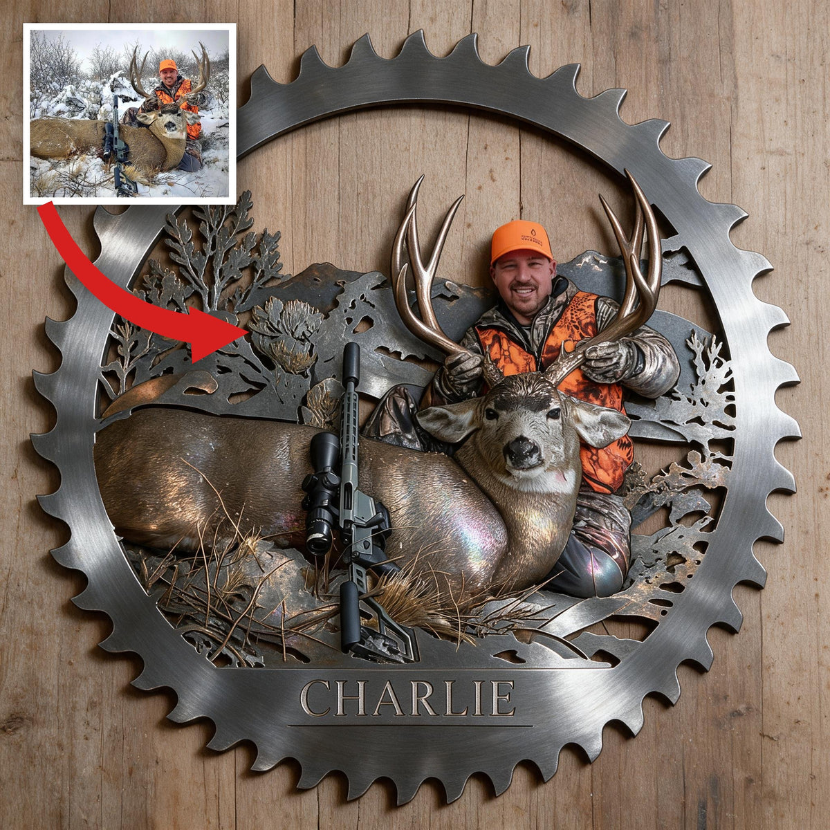 Personalized Middle-Aged Hunter with Deer 3D Cut Metal Sign Hunting Wall Decor