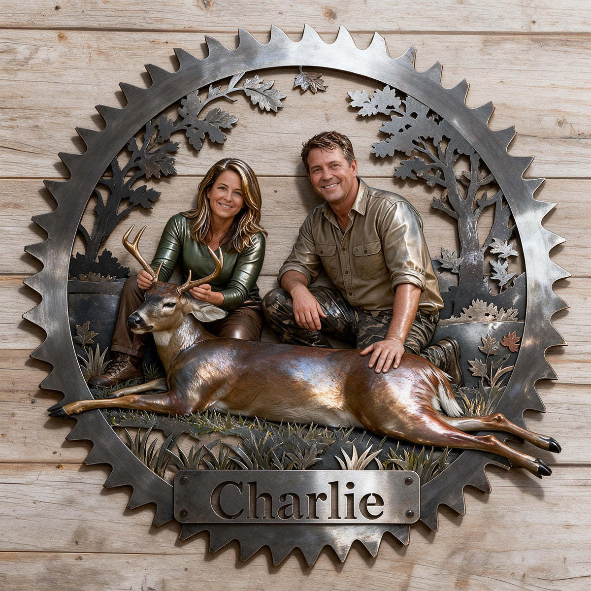 Personalized Middle-Aged Hunting Couple with Deer 3D Cut Metal Sign Wall Decor