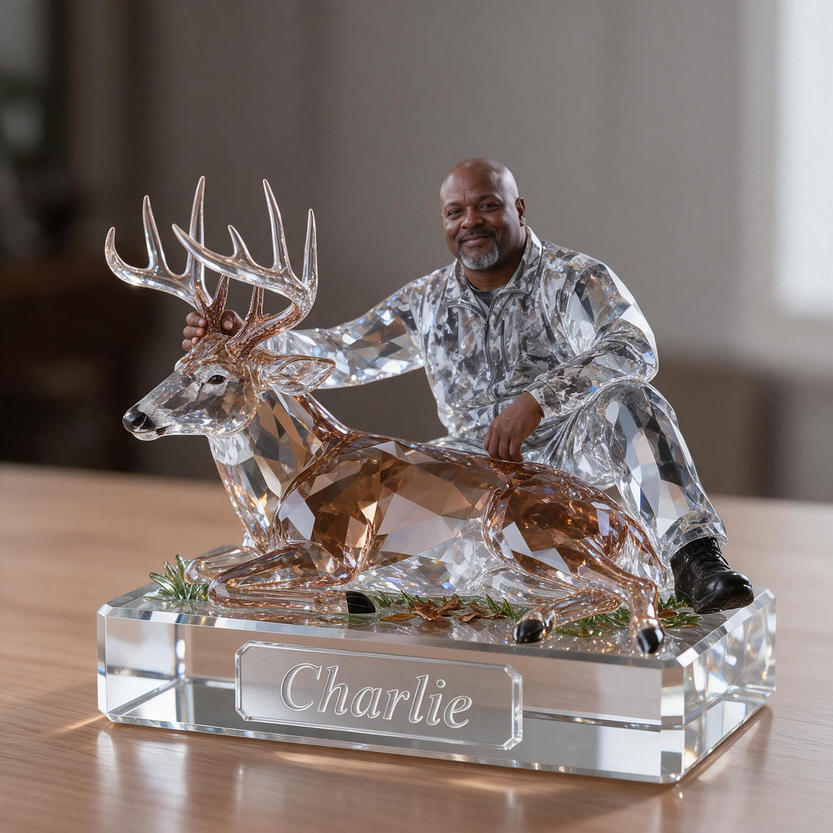 Personalized Middle-Aged Black Hunter with Deer Custom Shaped Acrylic Plaque Hunting Gift
