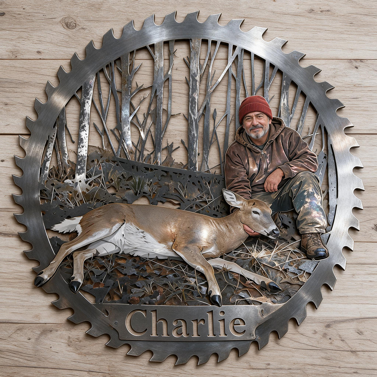 Personalized Middle-Aged Latino Hunter with Deer 3D Cut Metal Sign Wall Decor