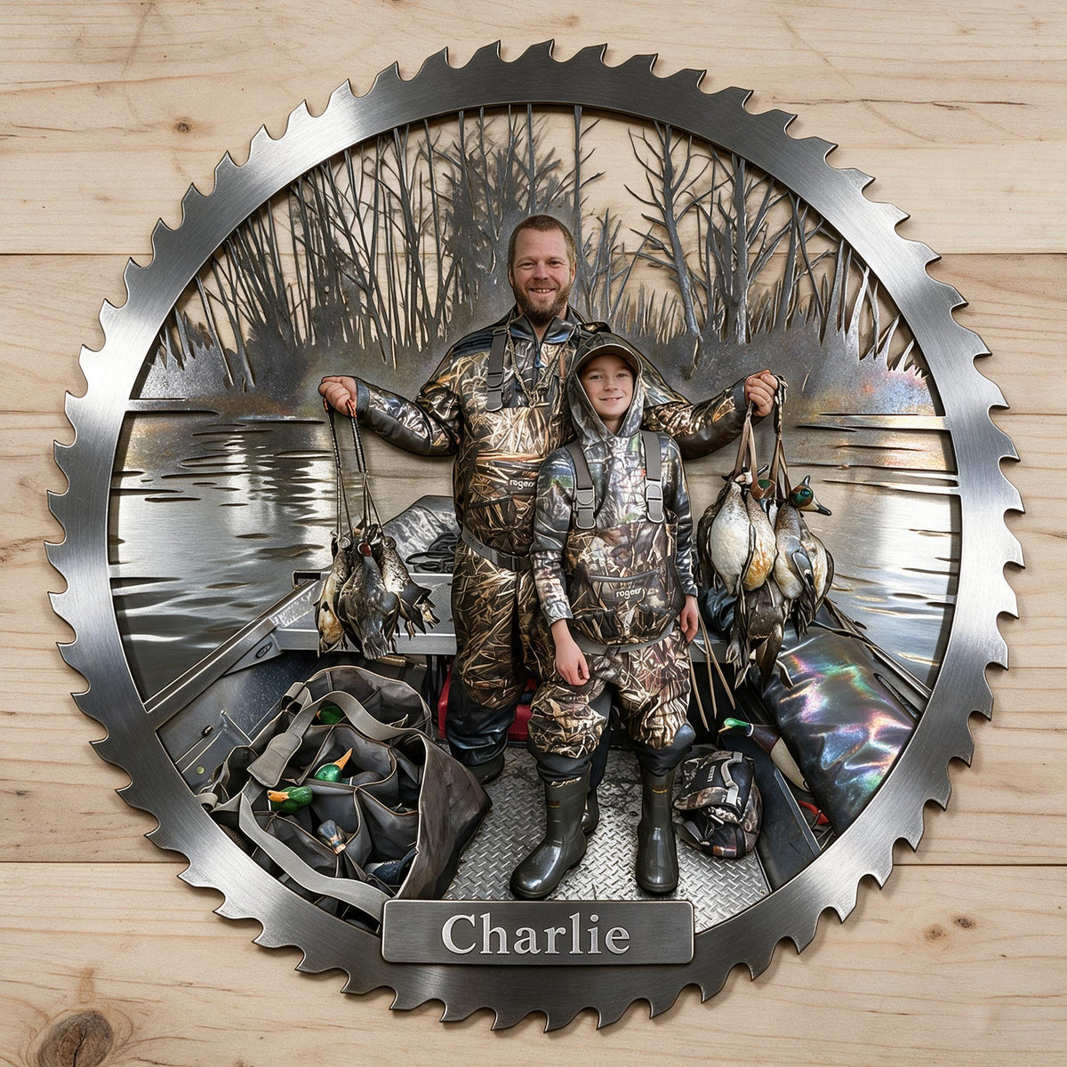 Personalized Father and Child Duck Hunters 3D Cut Metal Sign Hunting Decor