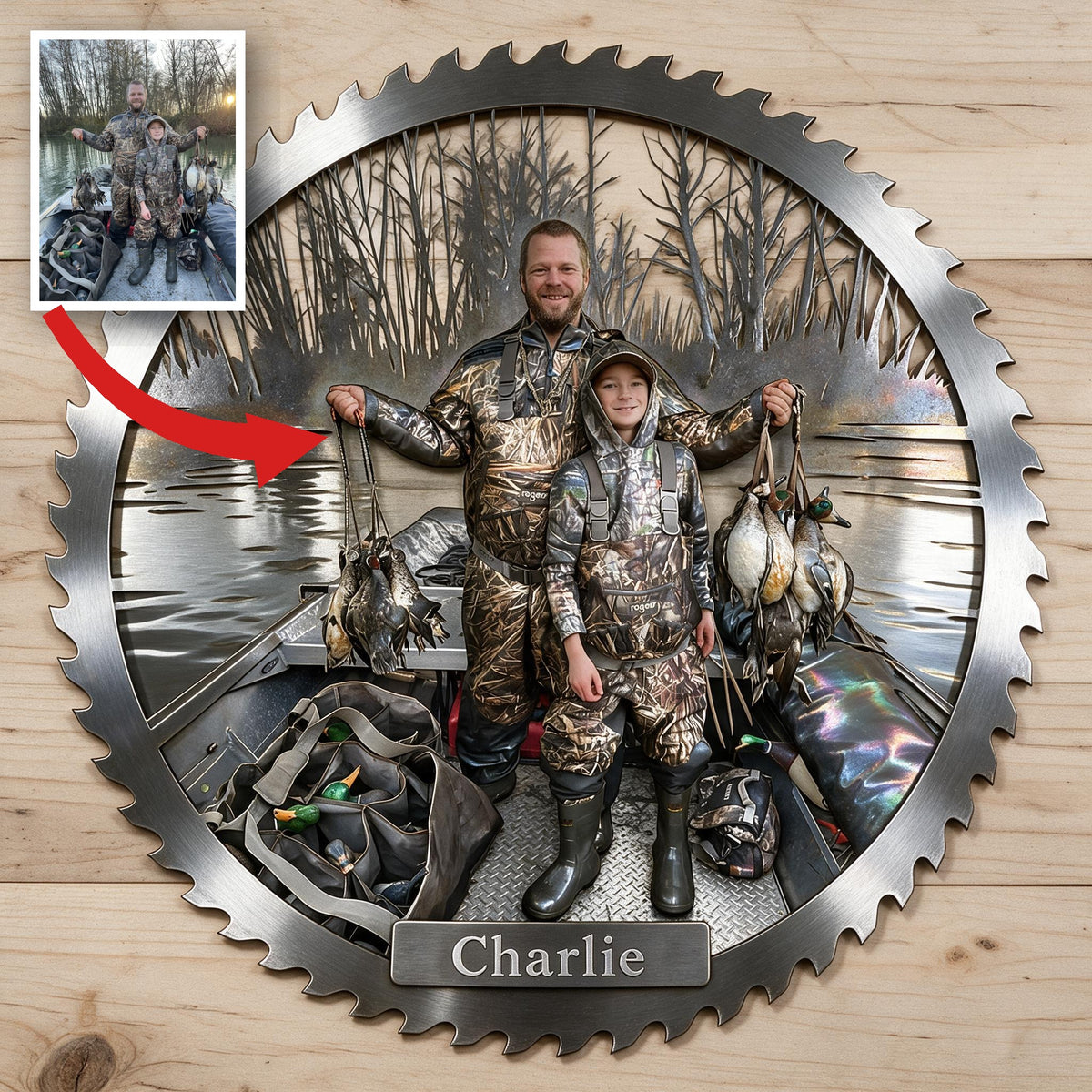 Personalized Father and Child Duck Hunters 3D Cut Metal Sign Hunting Decor