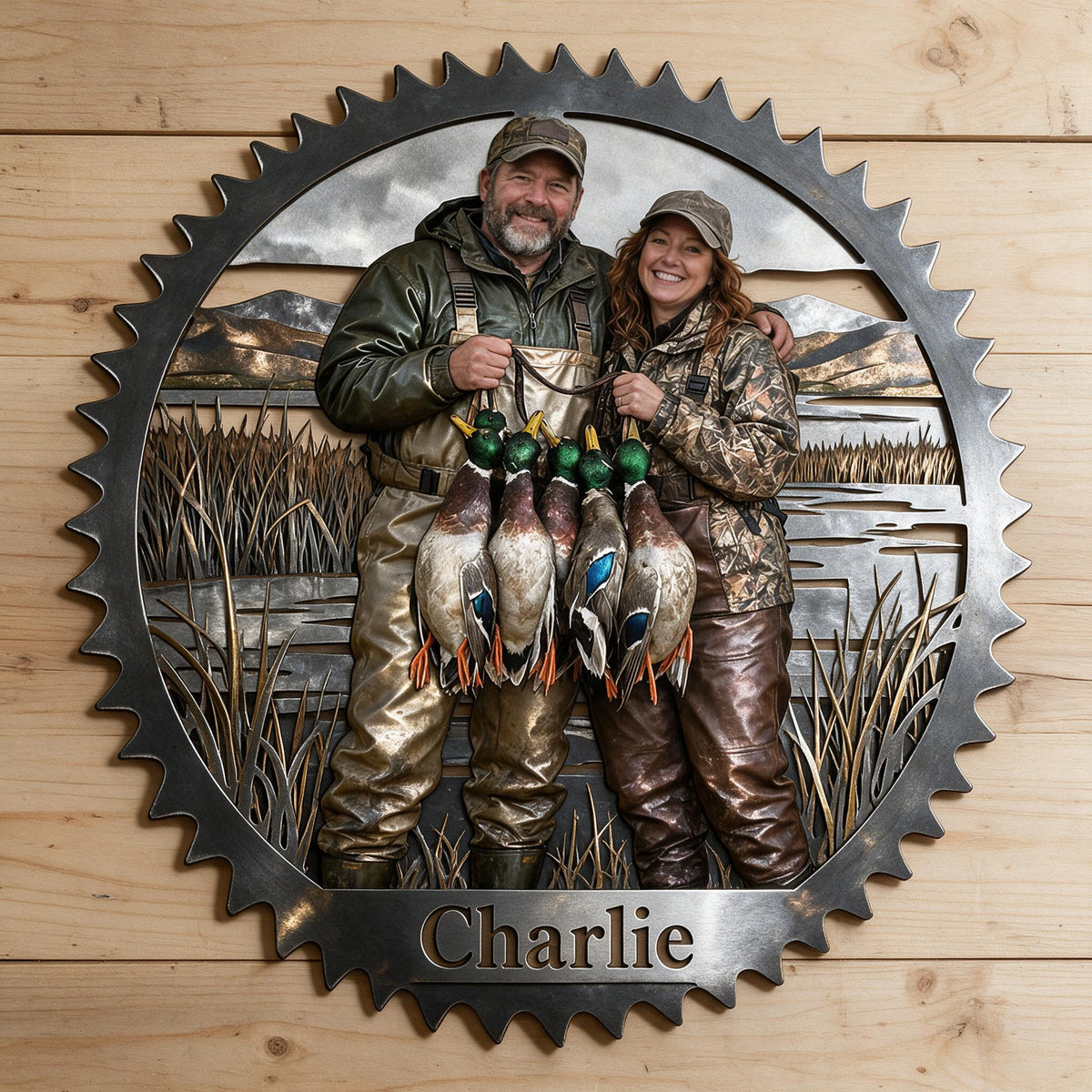 Personalized Middle-aged Duck Hunting Couple 3D Cut Metal Sign Hunting Wall Decor