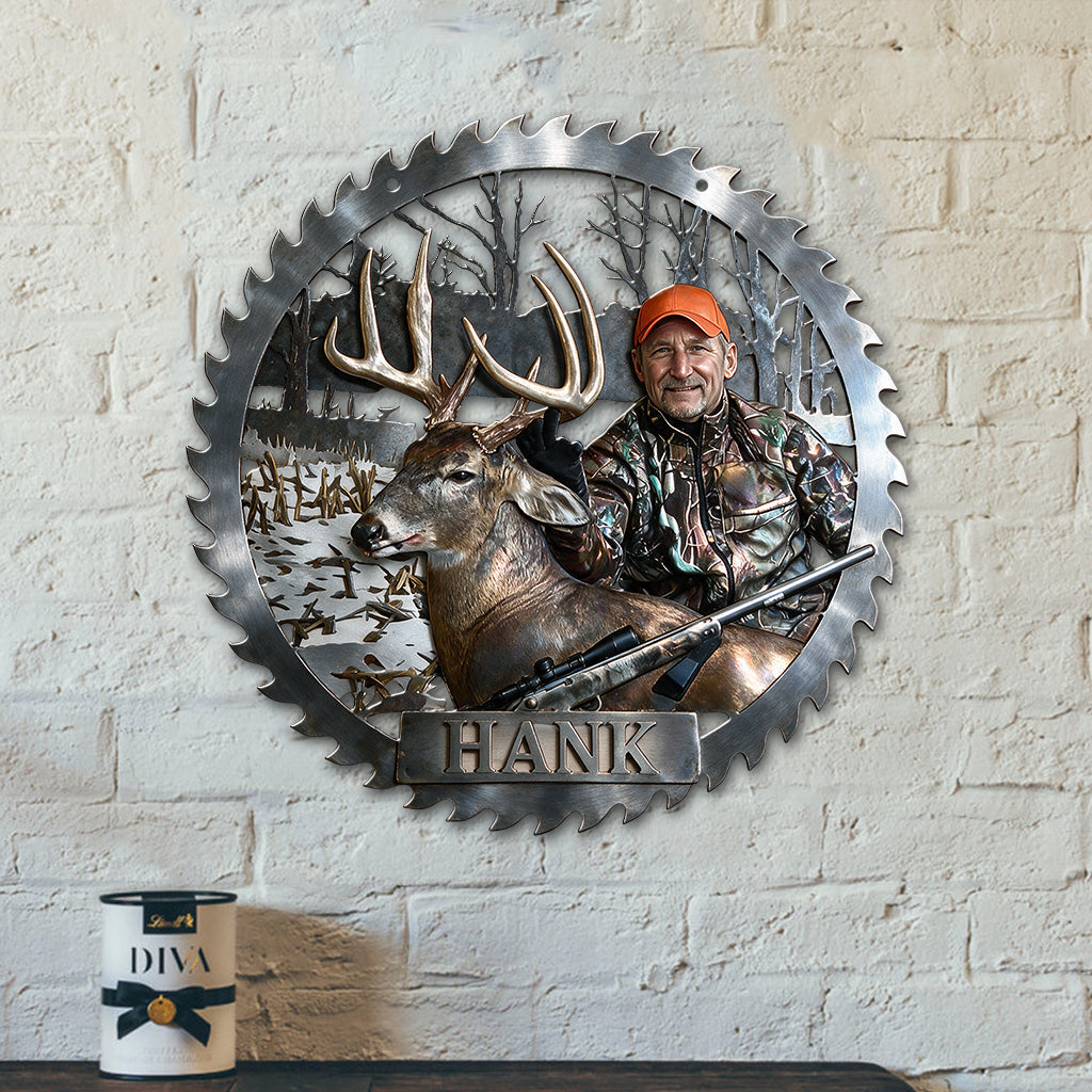 Personalized Middle-Aged Hunter with Deer 3D Cut Metal Sign Hunting Wall Decor