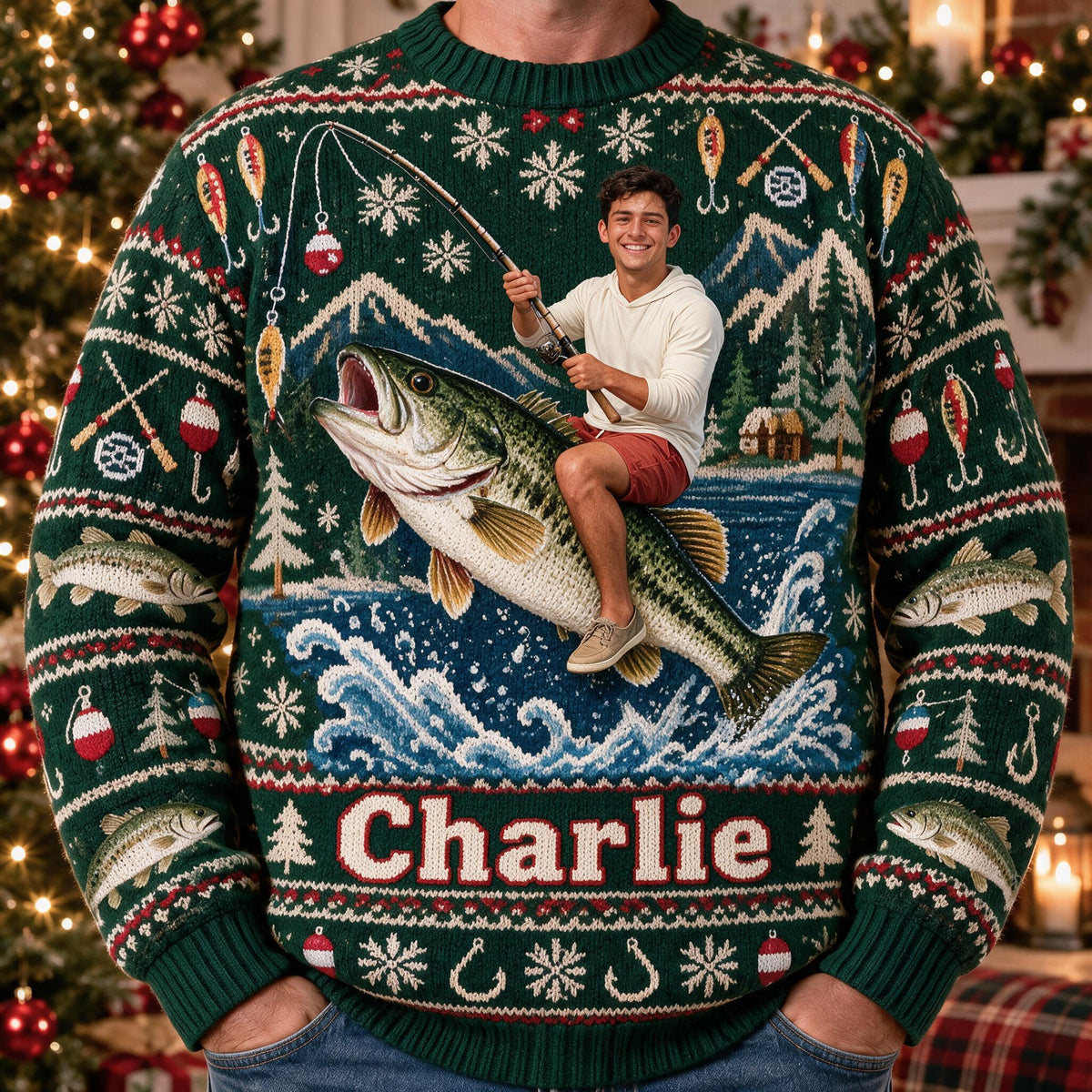 Personalized Christmas Latino Fisherman Riding Fish Ugly Sweater, Fishing Lover Gift