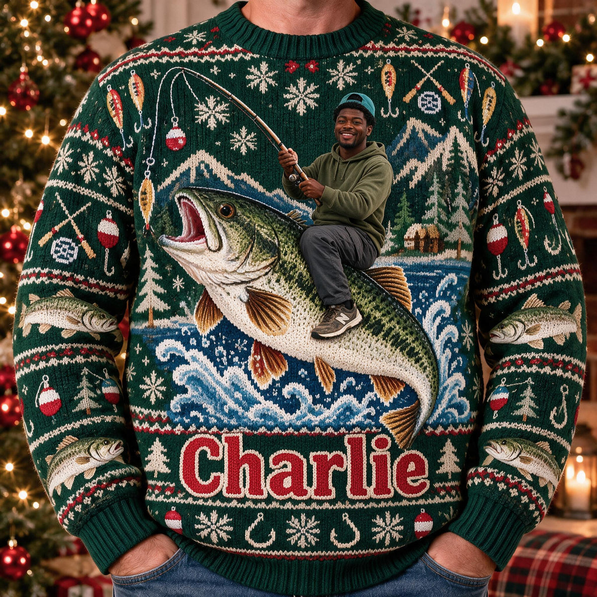 Personalized Christmas Black Fisherman Riding Fish Ugly Sweater