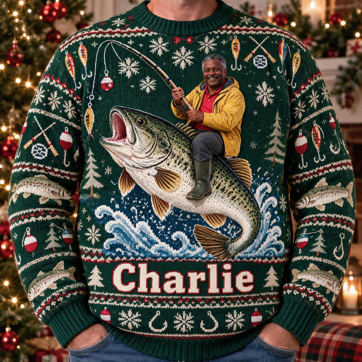 Personalized Christmas Middle-Aged Black Fisherman Fishing Ugly Sweater