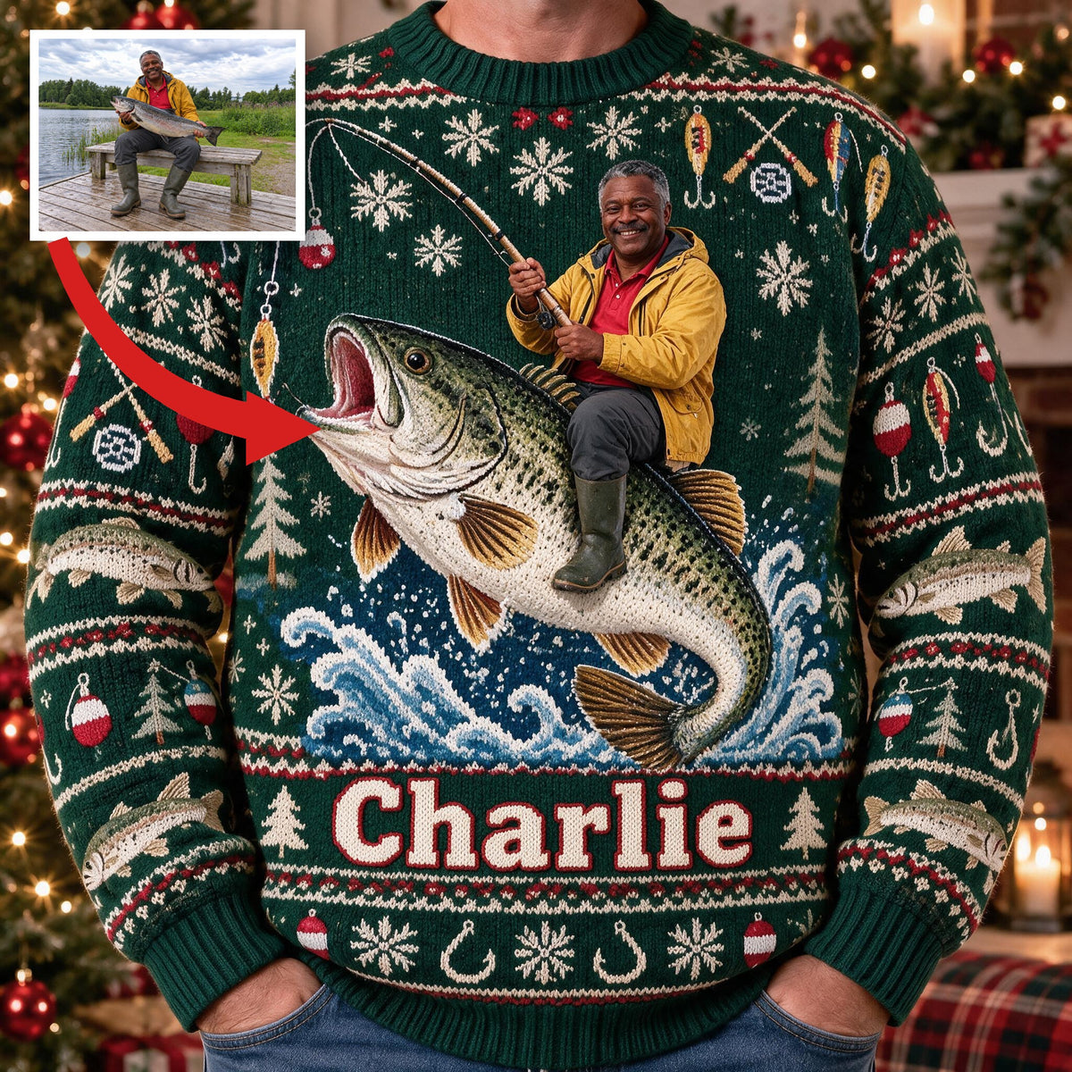 Personalized Christmas Middle-Aged Black Fisherman Fishing Ugly Sweater