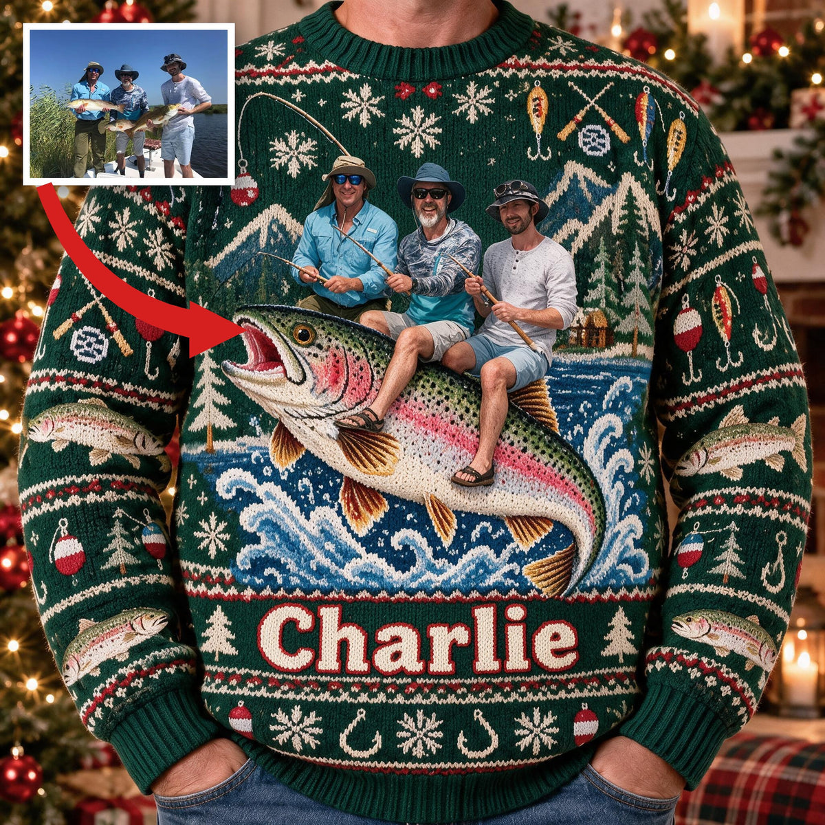 Personalized Christmas Fishing Group Ugly Sweater, Fishing Lover Gift