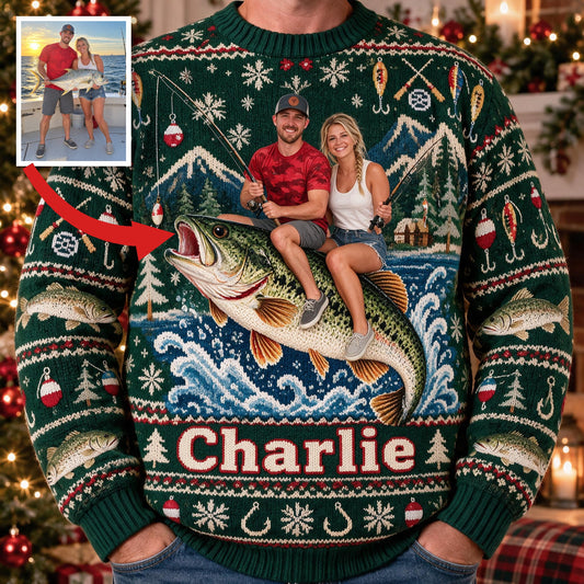 Personalized Christmas Fishing Couple Ugly Sweater