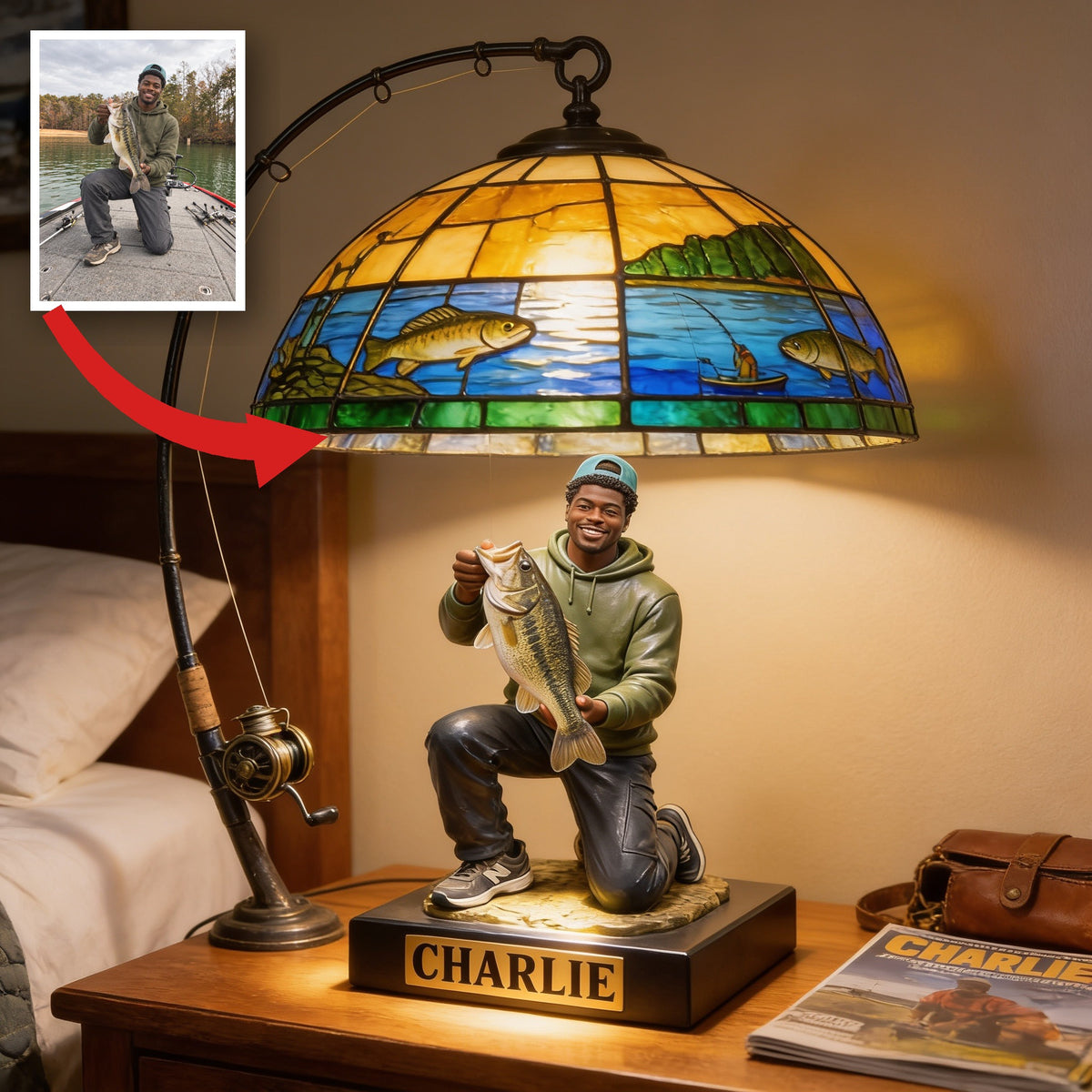 Personalized Black Fisherman Acrylic LED Night Light Fishing Lover Gift