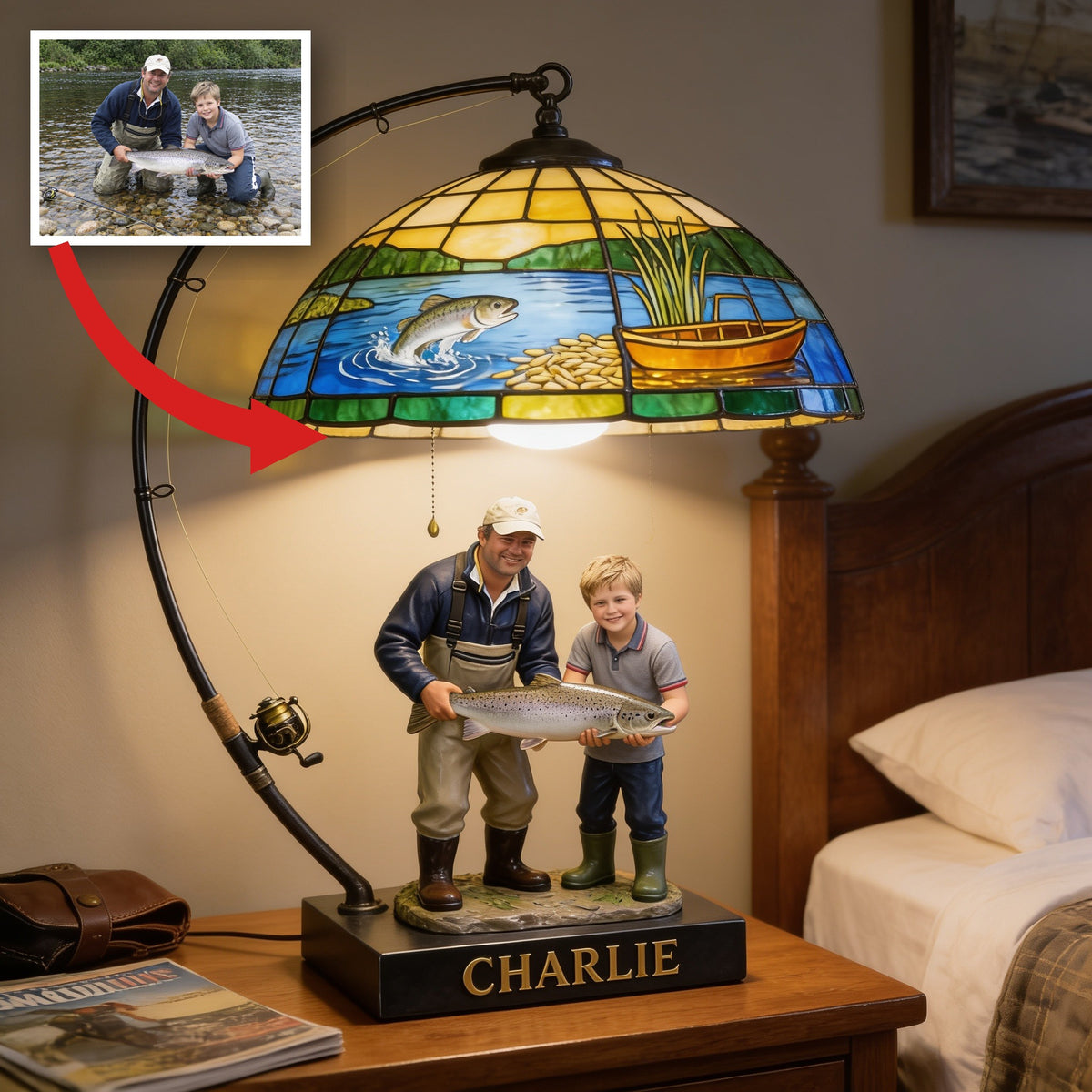 Personalized Father and Child with Fish Fishing Lover Acrylic LED Night Light
