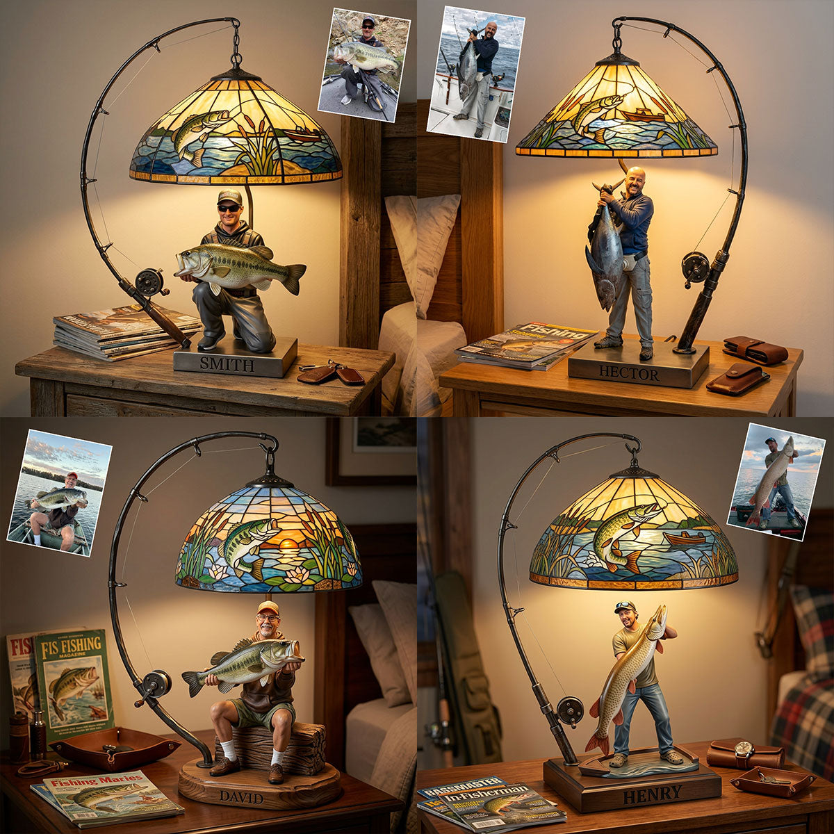 Personalized Black Fisherman Acrylic LED Night Light Fishing Lover Gift