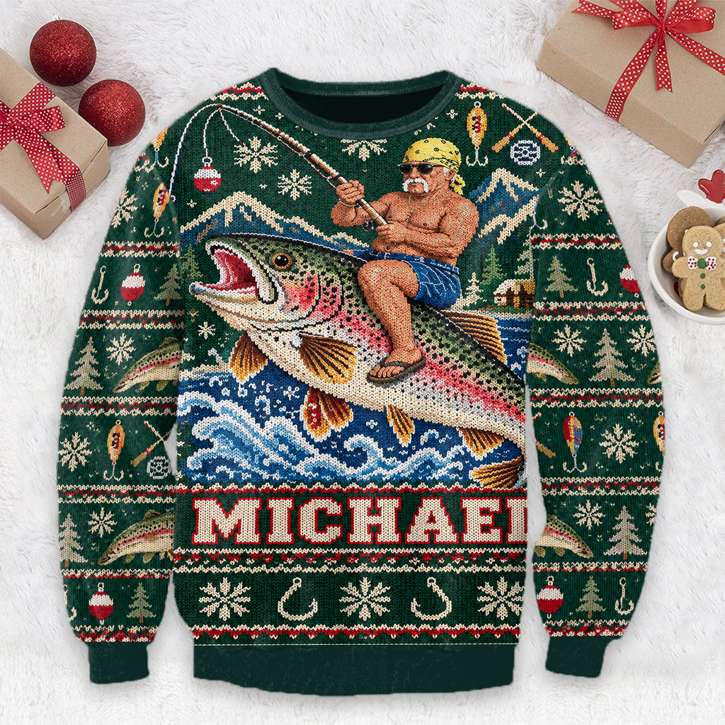 Personalized Christmas Black Fisherman Riding Fish Ugly Sweater