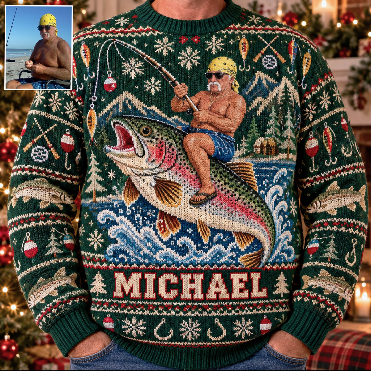 Personalized Christmas Latino Fisherman Riding Fish Ugly Sweater, Fishing Lover Gift