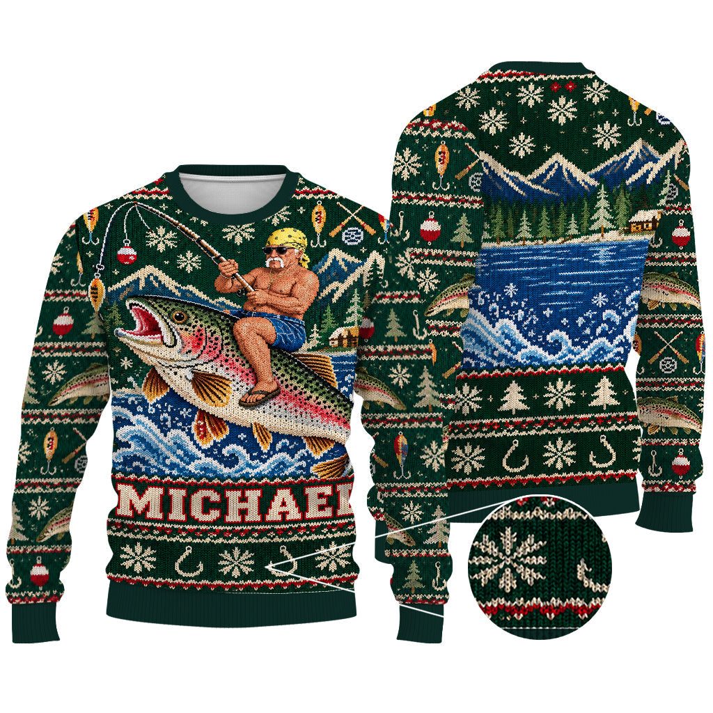 Personalized Christmas Latino Fisherman Riding Fish Ugly Sweater, Fishing Lover Gift