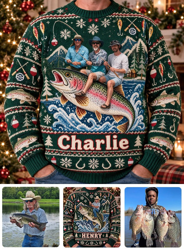Personalized Christmas Fishing Group Ugly Sweater, Fishing Lover Gift