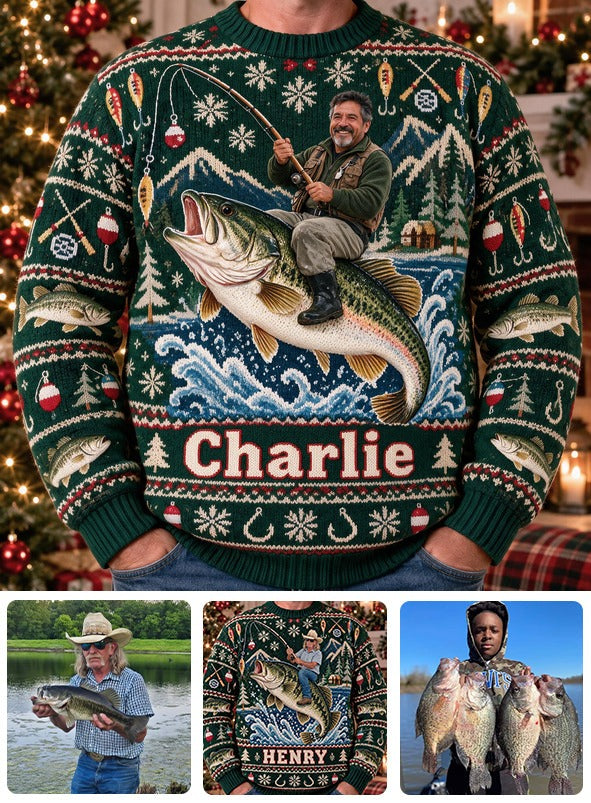 Personalized Christmas Middle-Aged Latino Fisherman Fishing Ugly Sweater