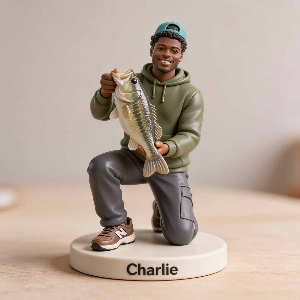 Personalized Black Fisherman 3D Figurine Custom Fishing Keepsake Gift