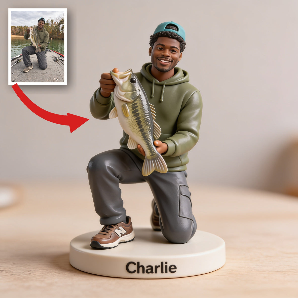 Personalized Black Fisherman 3D Figurine Custom Fishing Keepsake Gift